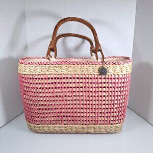 The Sak Basket Woven Rattan Pink Tote Wooden Handles Vintage Purse Bag